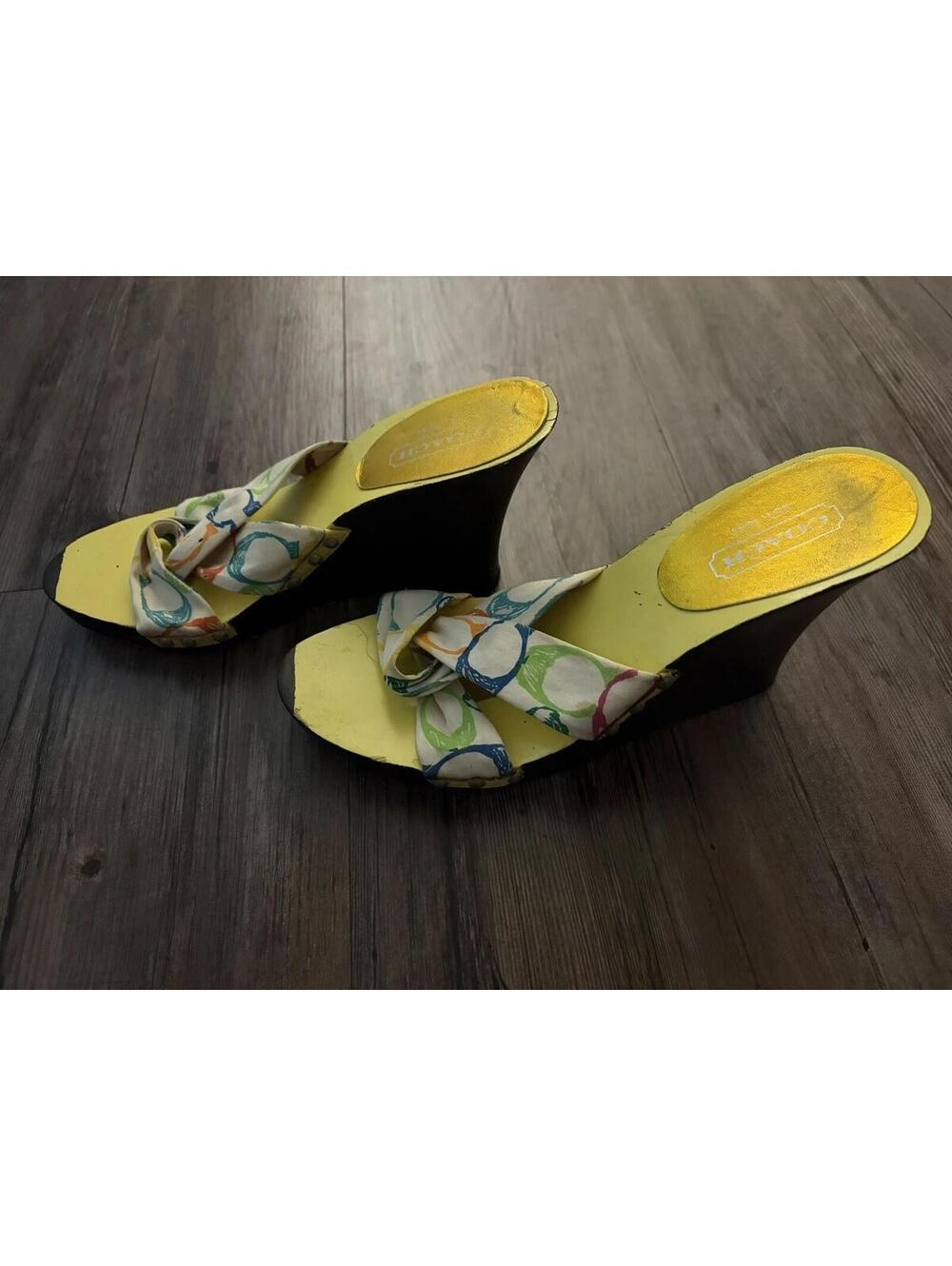 VTG Coach Y2K Wooden Wedge Sandals Sz 4 Hand Painted